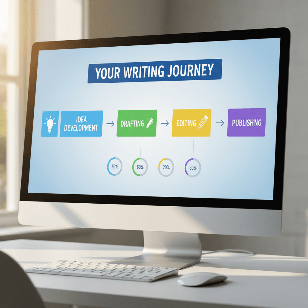 Computer screen displaying a writing journey roadmap with progress stages