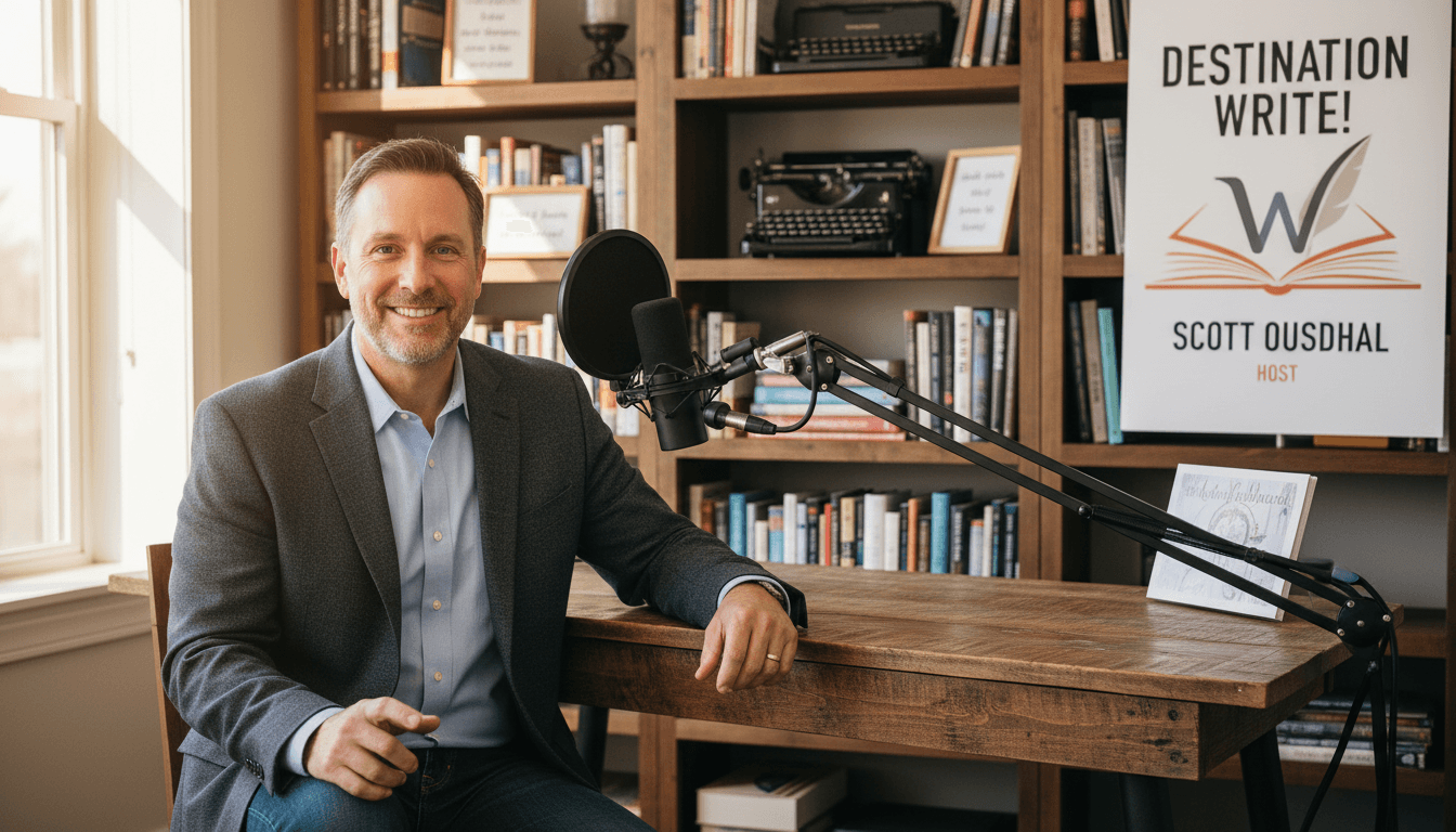 Scott Ousdahl hosting a YouTube interview in a writer-themed setting