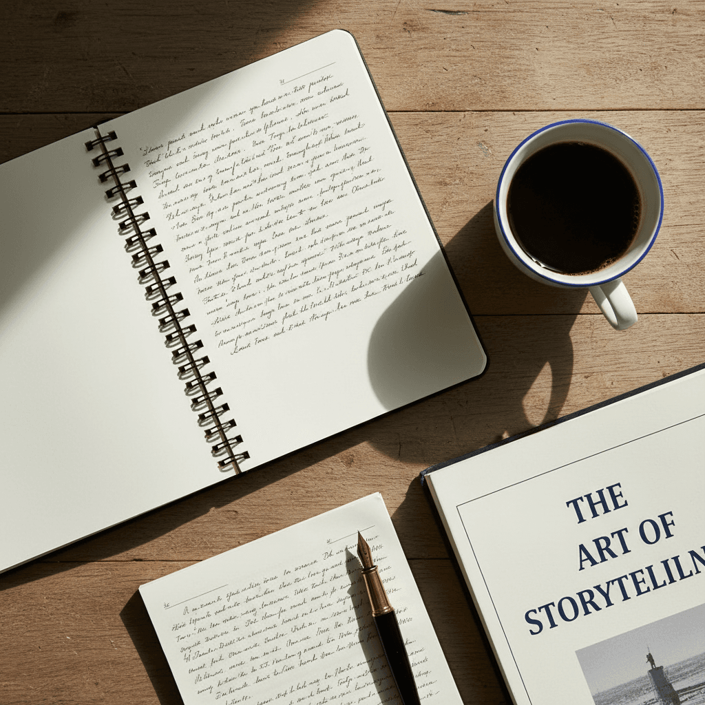 Writing workspace with notebook, pen, coffee, and storytelling resources