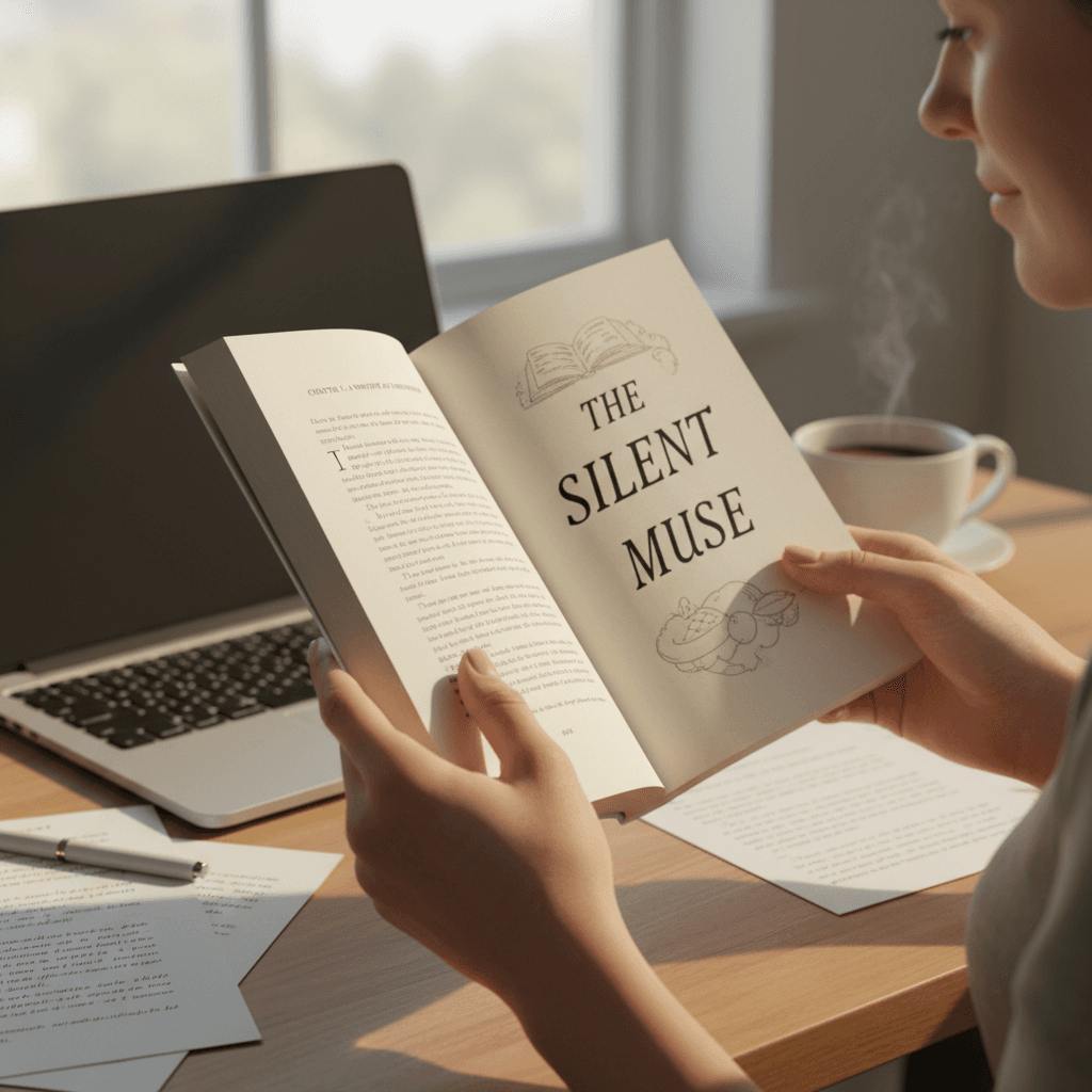 Author holding finished manuscript with satisfied expression