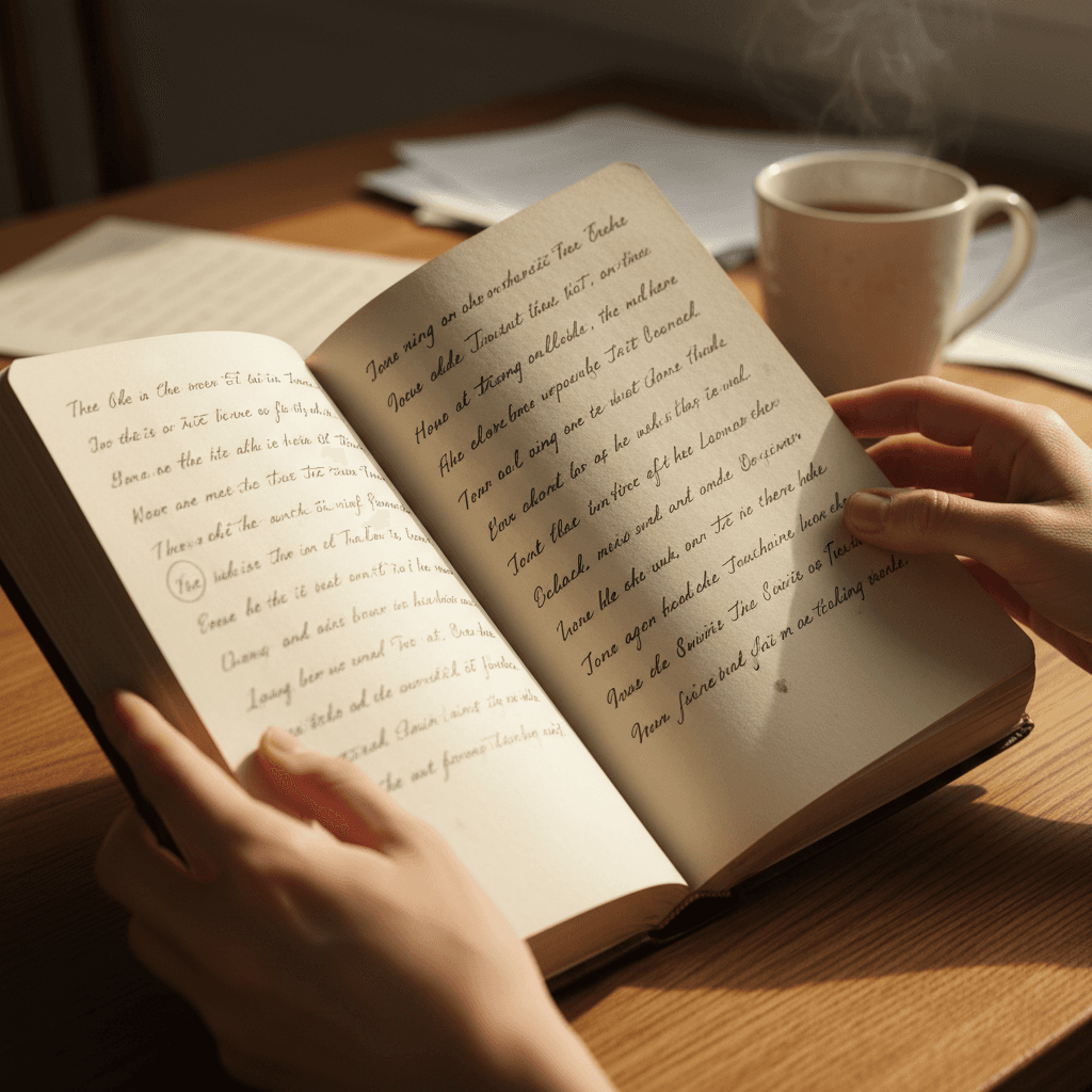 Journal notes displayed alongside finished published book