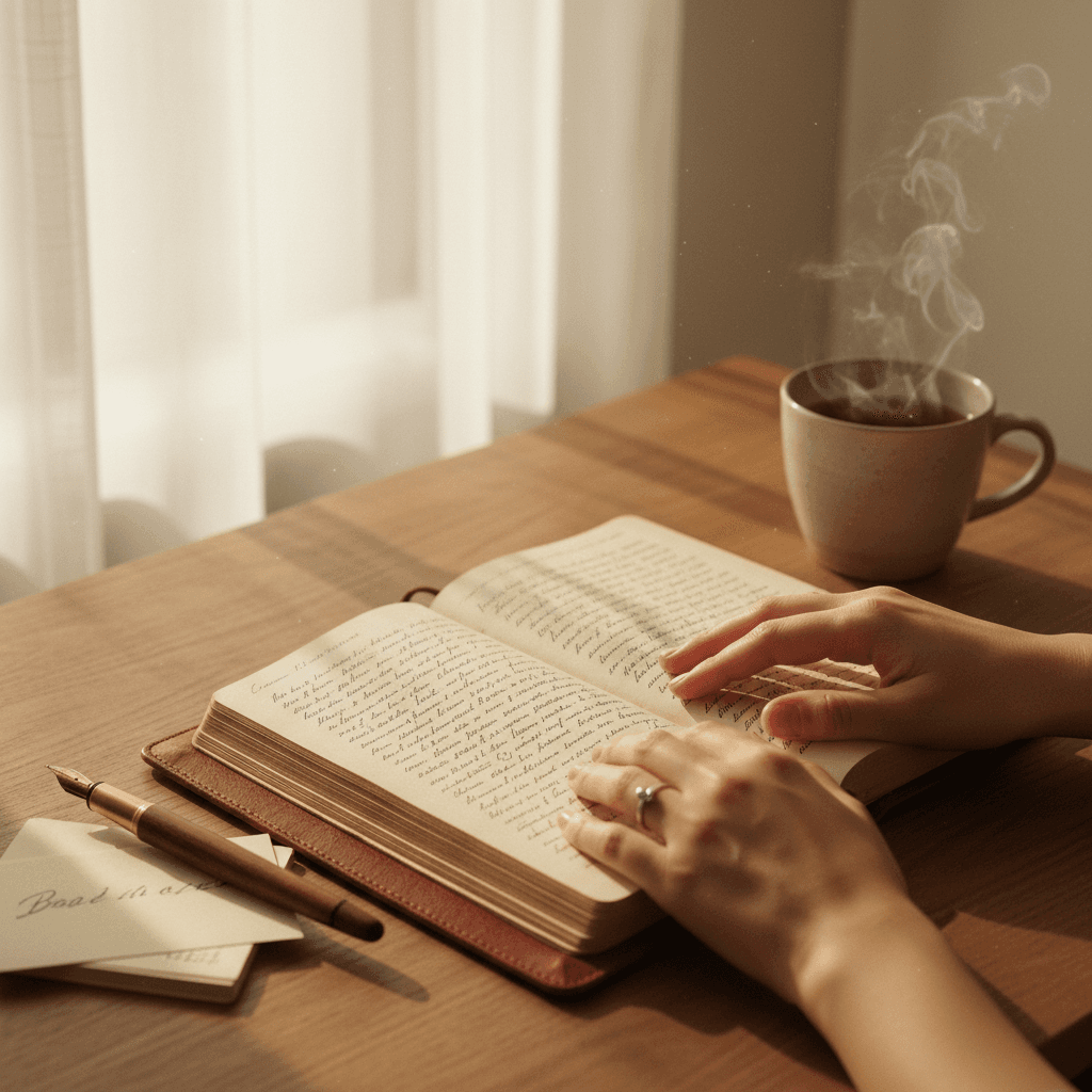 Notebook with story idea and coffee on wooden desk