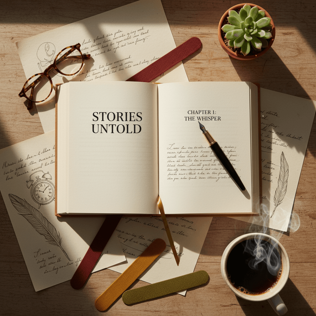 Overhead view of articles and notes on writing workspace