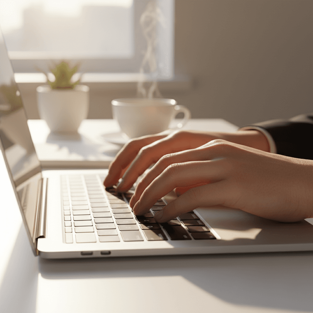 Writer's hands typing on laptop keyboard