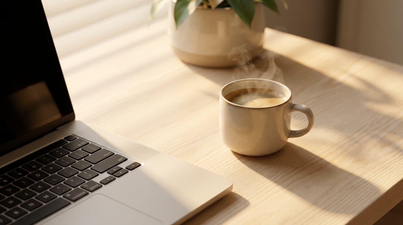 Writing desk with notebook and pen in golden light