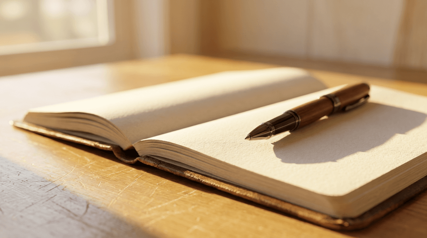 Open notebook on a wooden desk with pen and warm morning light, ready for writing